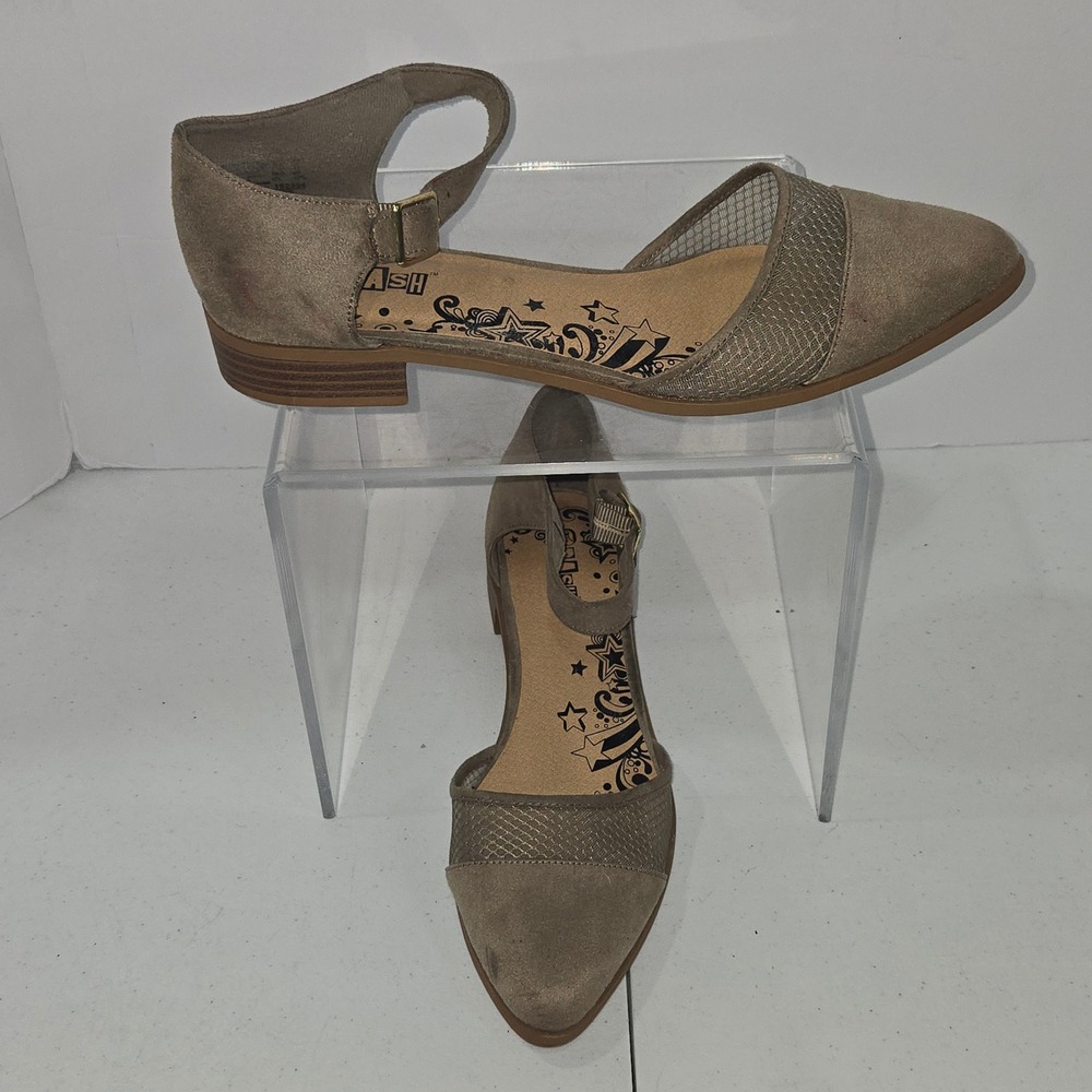 Brash Womens Size 12 Taupe Suede Mesh Pointed Toe Ankle Strap D'Orsay Flat Shoes